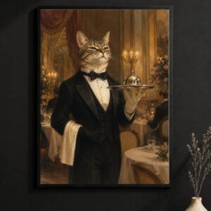 Distinguished Cat Waiter Wall Art – Fine Dining Tuxedo Poster