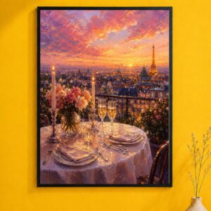 Paris Sunset Dinner Wall Art – Romantic Rooftop Poster