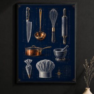 Chef's Tools Blueprint Wall Art – Vintage Kitchen Schematic Poster