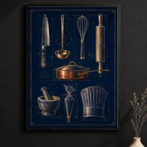 Culinary Schematic Wall Art – Gold Kitchen Tools Poster