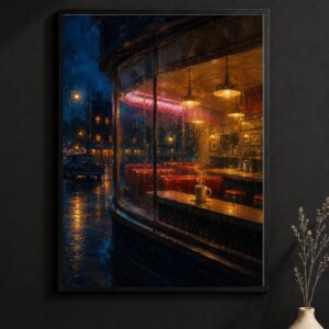 Rainy Night Diner Wall Art – Neon Coffee Cup Poster