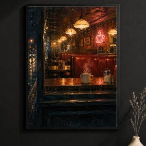 Late Night Cafe Wall Art – Rainy Window Coffee Poster