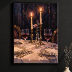 Romantic Gold Candlelight Wall Art – Fine Dining Table Poster