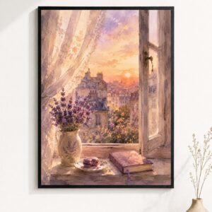 Parisian Sunset Window Wall Art – Lavender & Macaron Poster