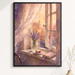 Lavender Windowsill Wall Art – European Sunset View Poster