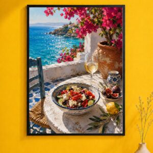 Mediterranean Terrace Wall Art – Seaside Salad & Wine Poster