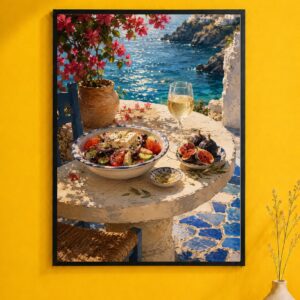 Greek Island Lunch Wall Art – Coastal Salad Painting Poster