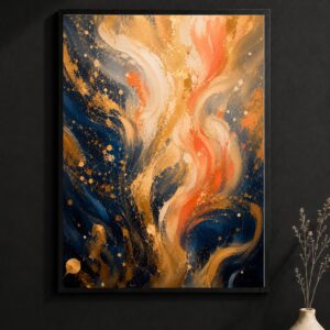 Golden Flame Abstract Wall Art – Fluid Gold & Navy Poster