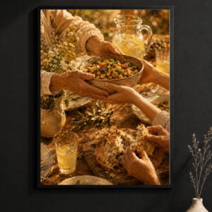 Shared Harvest Table Wall Art – Hands Passing Bread Poster