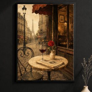 Vintage Paris Cafe Wall Art – Eiffel Tower Wine Poster