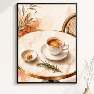 Parisian Cafe Espresso Wall Art – Marble Table Watercolor Poster