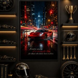 Rainy City Sports Car Wall Art – Red Supercar Night Poster