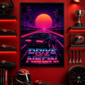 Retro Neon Drive Wall Art – Synthwave Sunset Poster