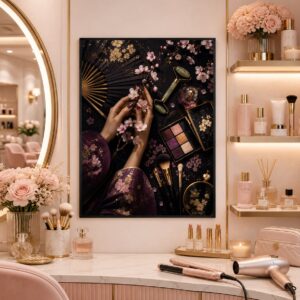 Cherry Blossom Beauty Wall Art – Elegant Hands & Cosmetics Poster