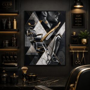 Geometric Gold Barber Wall Art – Modern Grooming Tools Poster