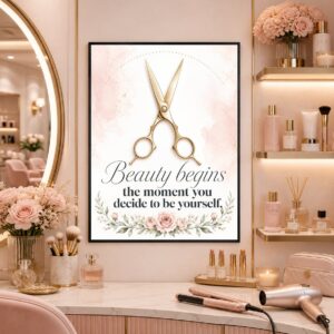 Beauty Begins Wall Art – Gold Scissors & Floral Quote Poster